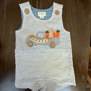 Mudpie Easter Seersucker Striped Baby Romper with Bunny Truck Design